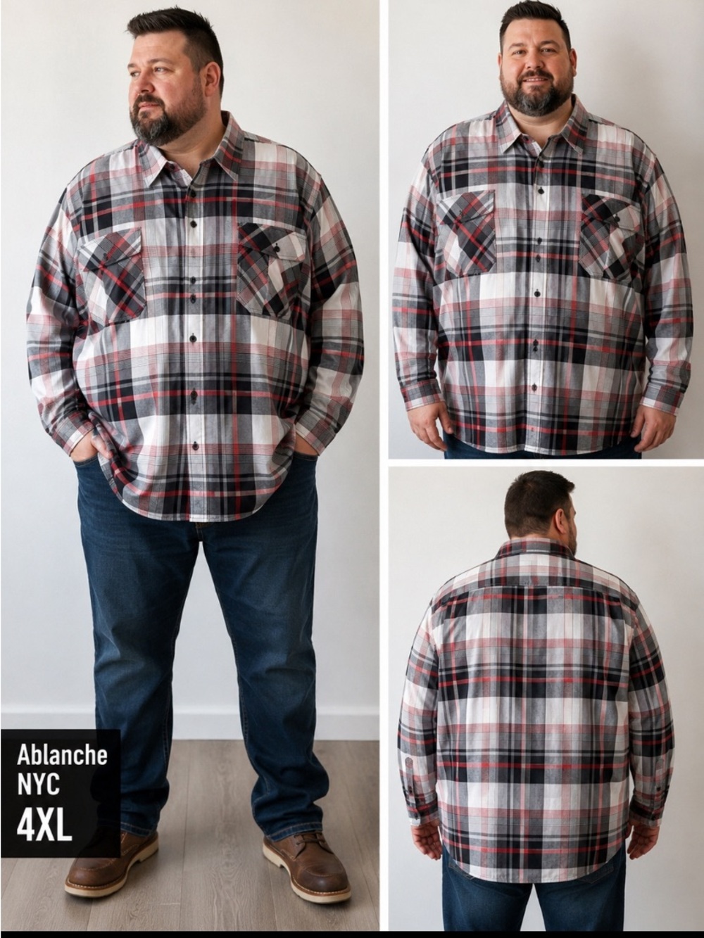 Ablanche NYC Y2K Men’s 4XL Plaid Button-Up Shirt Black Grey Red Long Sleeve